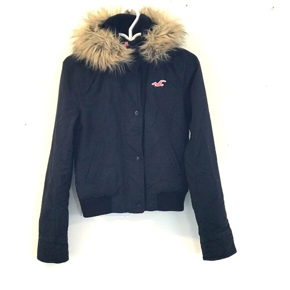 VTG Hollister winter bomber jacket hood faux fur navy/pink spell out Y2K 90's - Picture 8 of 8